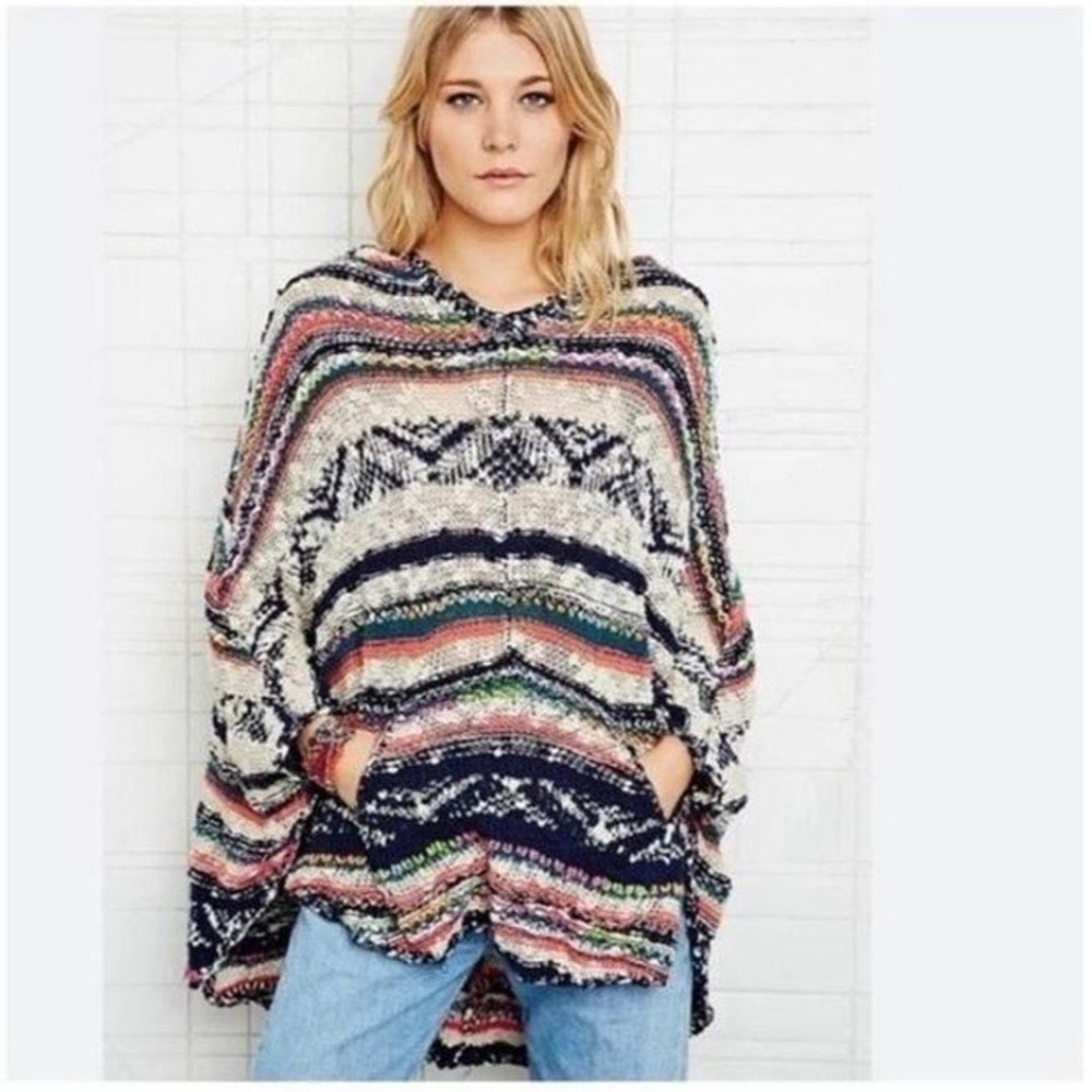 Free People Baja Poncho Hoodie Sweater Multicolor Knit Bohemian XS/S